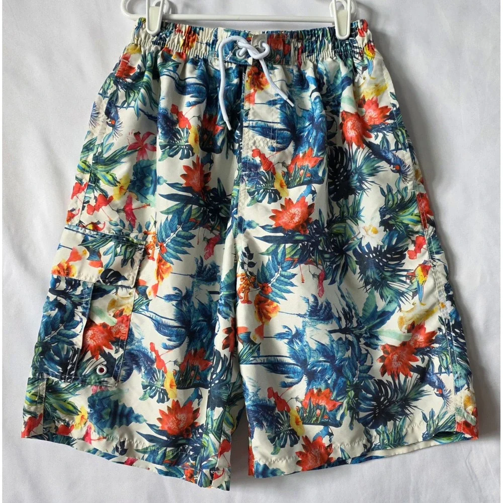 Rejork Mens Floral Tropical Swim Trunks Cargo Pocket Mesh Lining Blue Orange M